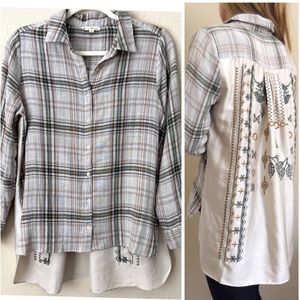 Jane and Delancey Embroidered Back Plaid Top